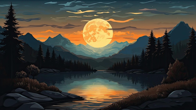 een prachtige zonsondergang met een volle maan en bergen.