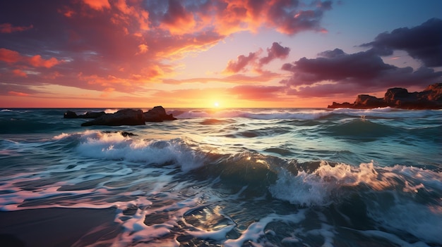 Een prachtige zonsondergang over de oceaan met golven die op de rotsachtige kust botsen.