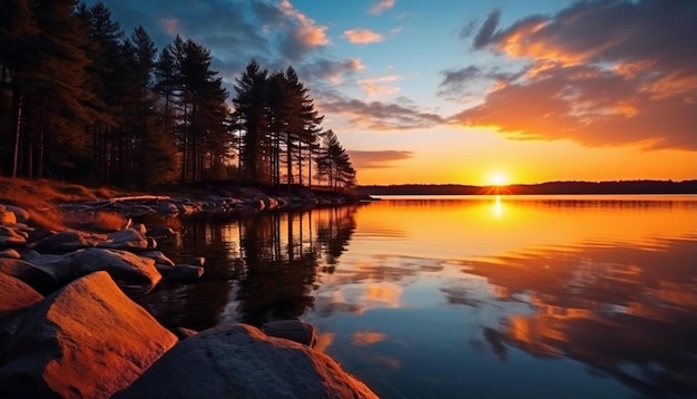 een prachtige zonsondergang over een meer met bomen en rotsen