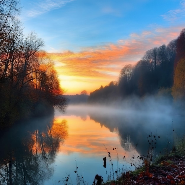 Een prachtige zonsondergang over een rivier met een mistige lucht en een boom aan de linkerkant.