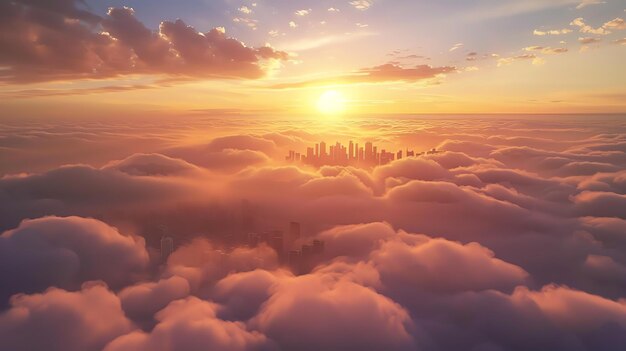 Een prachtige zonsondergang over een stad De warme kleuren van de lucht en de wolken creëren een vreedzaam en serene scène