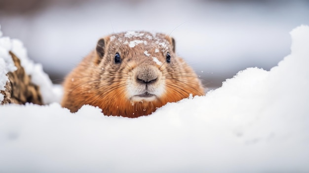 Een prairie hond groundhog met sneeuwvlokken op zijn hoofd peekend uit de sneeuw