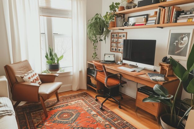 Een praktische nofrills woonkamer met essentiële meubels zoals een bank, stoel, bureau en computer Een compacte en georganiseerde kantoorruimte in de hoek van een woonkamer