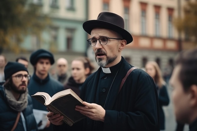 Foto een prediker in een stadsstraat met een open bijbel in zijn handen predikt het evangelie aan mensen van generatie ai