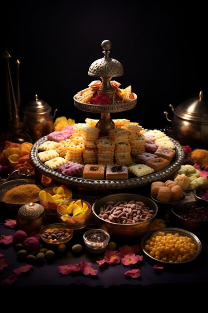 Foto een presentatie van kleurrijke en smaakvolle traditionele diwali snoepjes