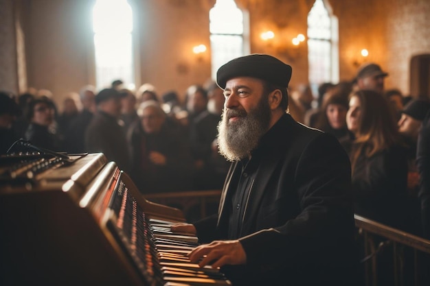 een priester die piano speelt in een kerk met een grote menigte op de achtergrond.