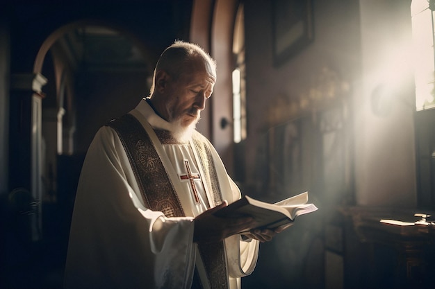 Een priester leest een bijbel in een kerk