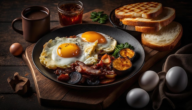 Een productfoto van gebakken eieren en spek en opgebakken aardappels en bloedworst en champignons en toast Generative AI