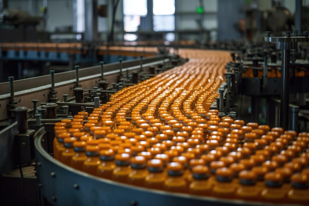 Een productielijn voor de voedsel- en drankindustrie heeft fruit sap flessen op een transportband