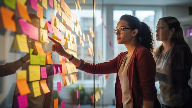 Een professioneel team brainstormt met behulp van kleurrijke sticky notes op een glazen muur om hun ideeën en strategieën te organiseren