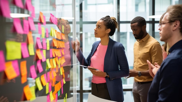 Foto een professioneel team brainstormt met behulp van kleurrijke sticky notes op een glazen muur om hun ideeën en strategieën te organiseren