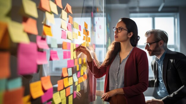 Foto een professioneel team brainstormt met behulp van kleurrijke sticky notes op een glazen muur om hun ideeën en strategieën te organiseren