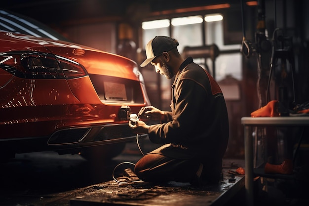 een professionele auto-reparatiewinkeltechnicus die aan hun auto werkt