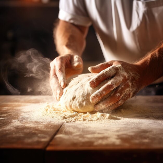 Een professionele bakker kneedt deeg voor vers brood in zijn eigen bakkerij Generative AI