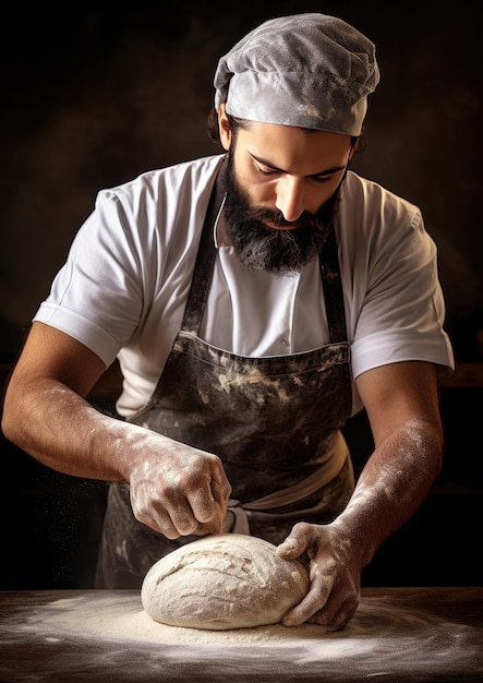 Een professionele bakker kneedt deeg voor vers brood in zijn eigen bakkerij Generative AI