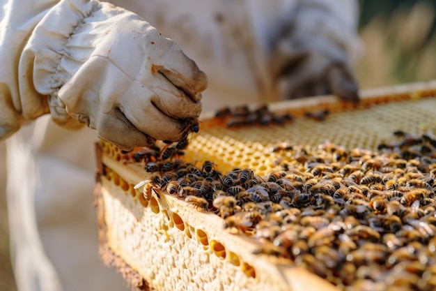Een professionele bijenhouder die honing verzamelt uit bijenkorven