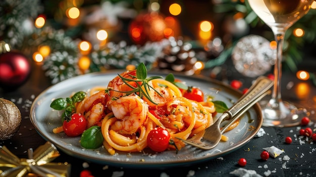 Een professionele foodfoto van Arraffy Pasta met garnalen en tomaten