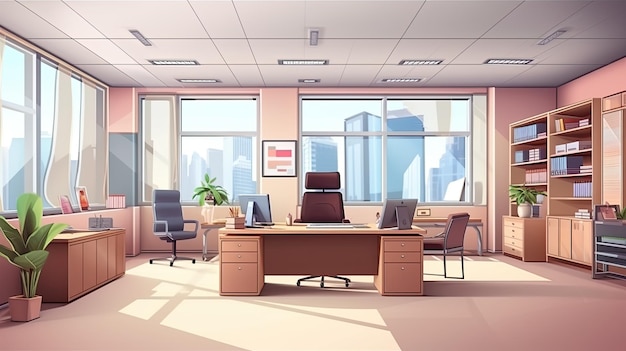Een professionele kantoorruimte met een groot bureau, comfortabele stoelen en een prachtig uitzicht op de stad