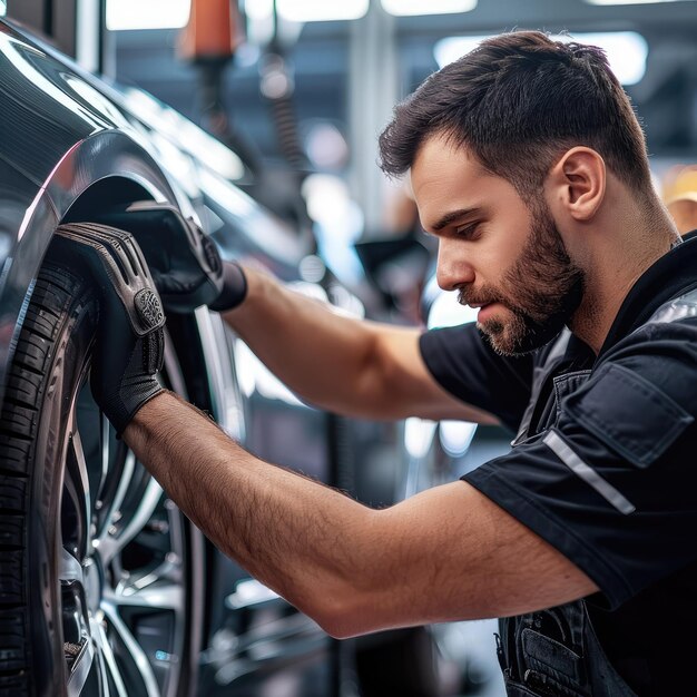 Een professionele knappe monteur installeert superschone zomerbanden op de auto