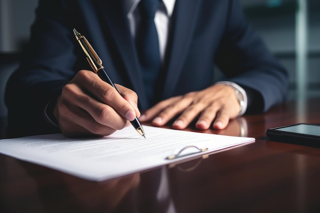 Een professionele man in een zakenpak concentreert zich terwijl hij iets op een stuk papier schrijft met een pen Man tekent contract AI gegenereerd