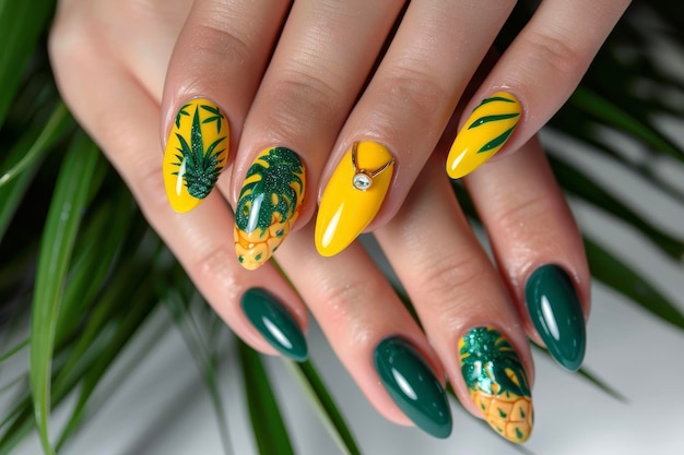 Een professionele manicure met gele en groene tropische nagels en een ananas charme op de pink