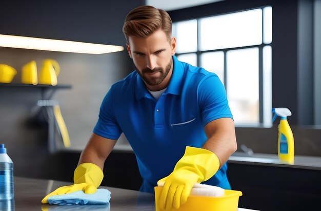 Een professionele schoonmaker in handschoenen maakt het huis schoon. Hoogwaardige foto.