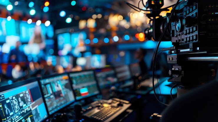 Foto een professionele tv-studio met een camera, monitoren en apparatuur