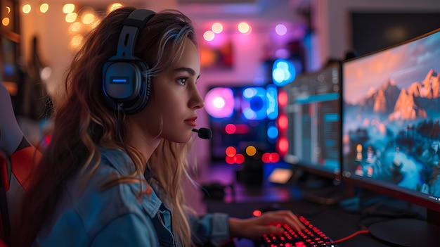 Een professionele vrouwelijke gamer die haar pc gebruikt