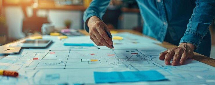 Foto een projectcoördinator die meerdere teams beheert via een complex stroomdiagram van taken en afhankelijkheden