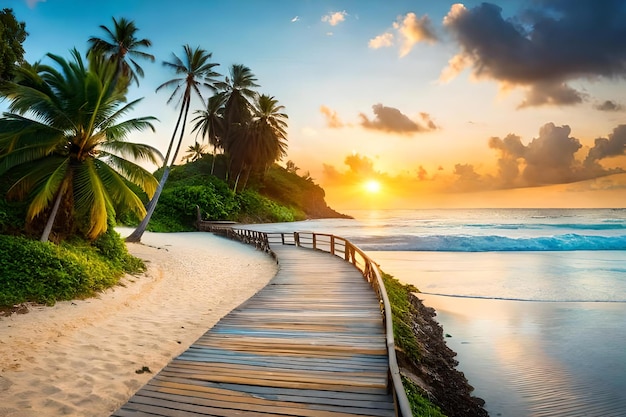 Een promenade leidt bij zonsondergang naar een strand.