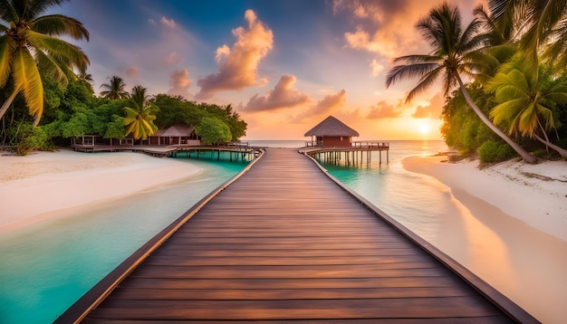 een promenade leidt naar een strand met palmbomen en een zonsondergang op de achtergrond