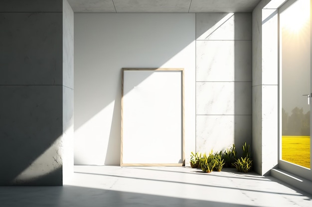 Een prototype wordt geplaatst op een witte betonnen binnenwand in een moderne setting met zonneschijn een mockup