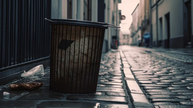 Een prullenbak in een straat met een bord waarop staat 