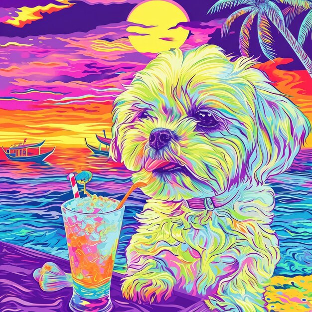 Een psychedelische illustratie van een Shih Tzu puppy die een pina colada drinkt op een Thais strand Op de achtergrond zijn er Thaise boten v 6 Job ID b1b01f0e87494280b782dea6ab0a5382