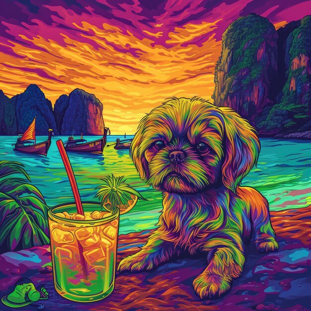 Een psychedelische stijl illustratie van een Shih Tzu puppy die een pina colada drinkt op een Thais strand Op de achtergrond zijn er Thaise boten v 6 Job ID 6cc01b17b572480c9f99d98e2fb7ee0a