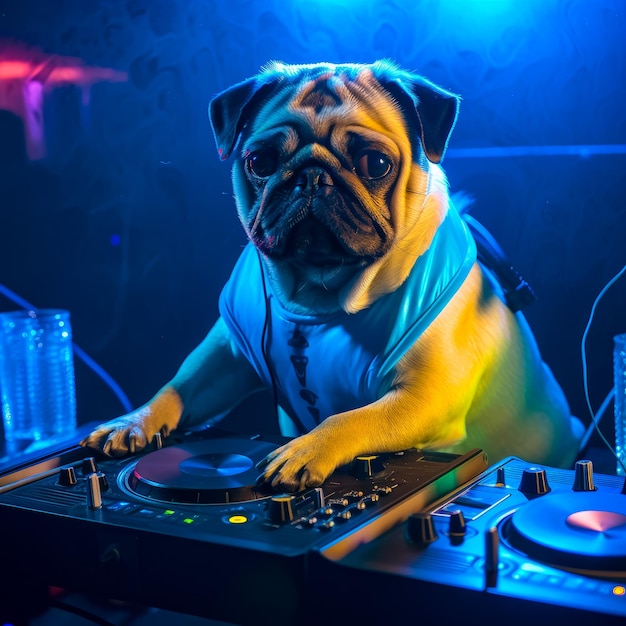 Een pug dj mixen op een draaitafel