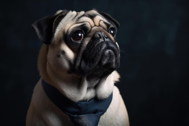Een pug hond die een blauw stropdas generatieve AI draagt