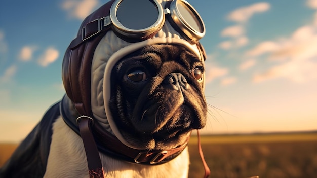 Foto een pug met een pilotenhoed klaar voor het opstijgen op een schattig vlieger avontuur