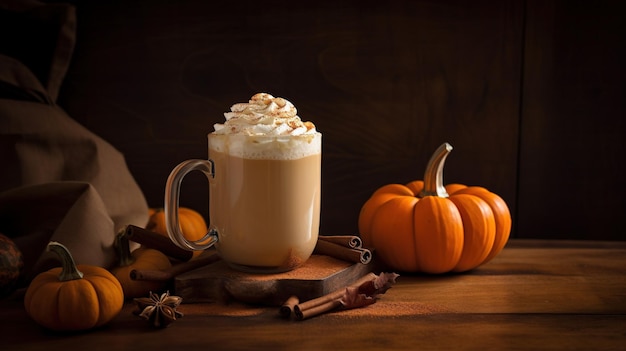 Een Pumpkin Spice Latte met marshmallows en pompoenen op een houten tafel.