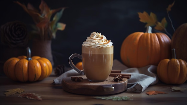 Een Pumpkin Spice Latte met slagroom en pompoenen op tafel