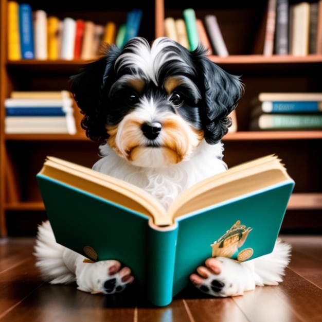 Foto een puppy die een boek leest