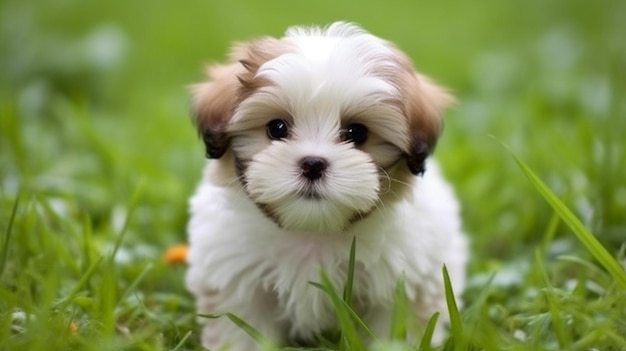 Een puppy die in het gras zit