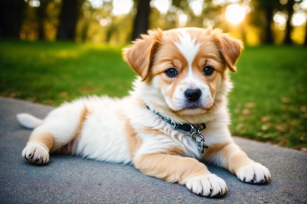 Een puppy die op een rots in een park ligt