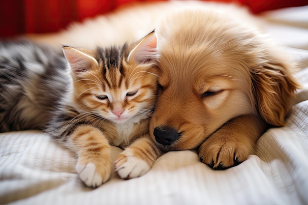 Een puppy en een kitten knuffelen liefdevol op het bed en tonen hun sterke band en vriendschap