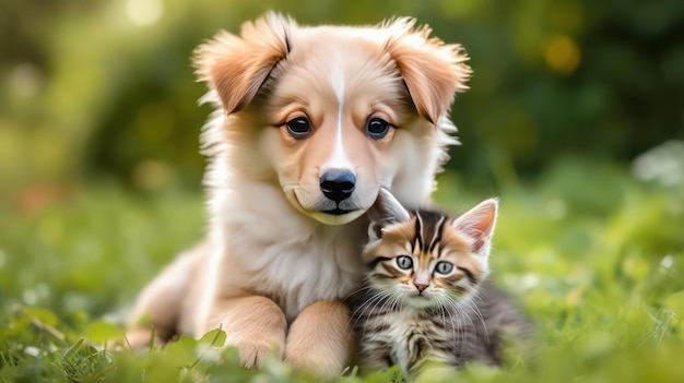 Een puppy en een kitten omhelzen elkaar in hun armen ze zitten op het gras