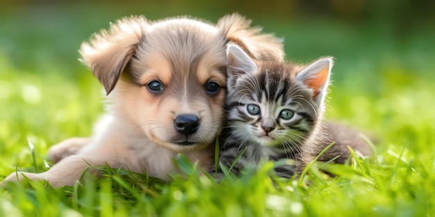 Een puppy en een kitten omhelzen elkaar in hun armen ze zitten op het gras