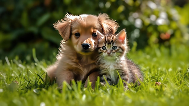 Een puppy en een kitten omhelzen elkaar in hun armen ze zitten op het gras