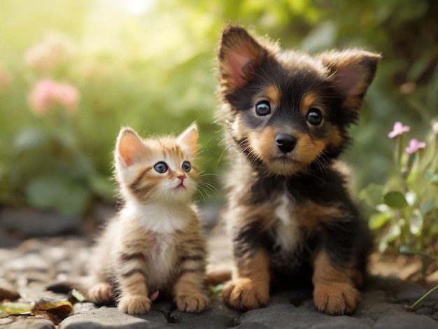 een puppy en een kitten zitten op een rots