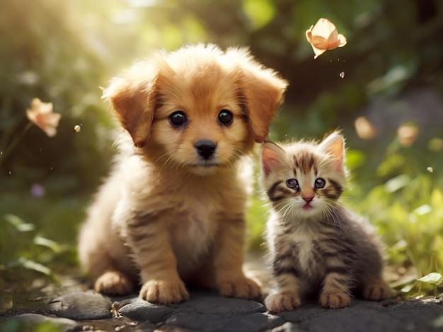 een puppy en een kitten zitten op een stenen pad