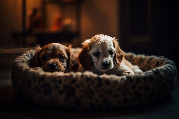 Foto een puppy en een puppy liggen in een bed.